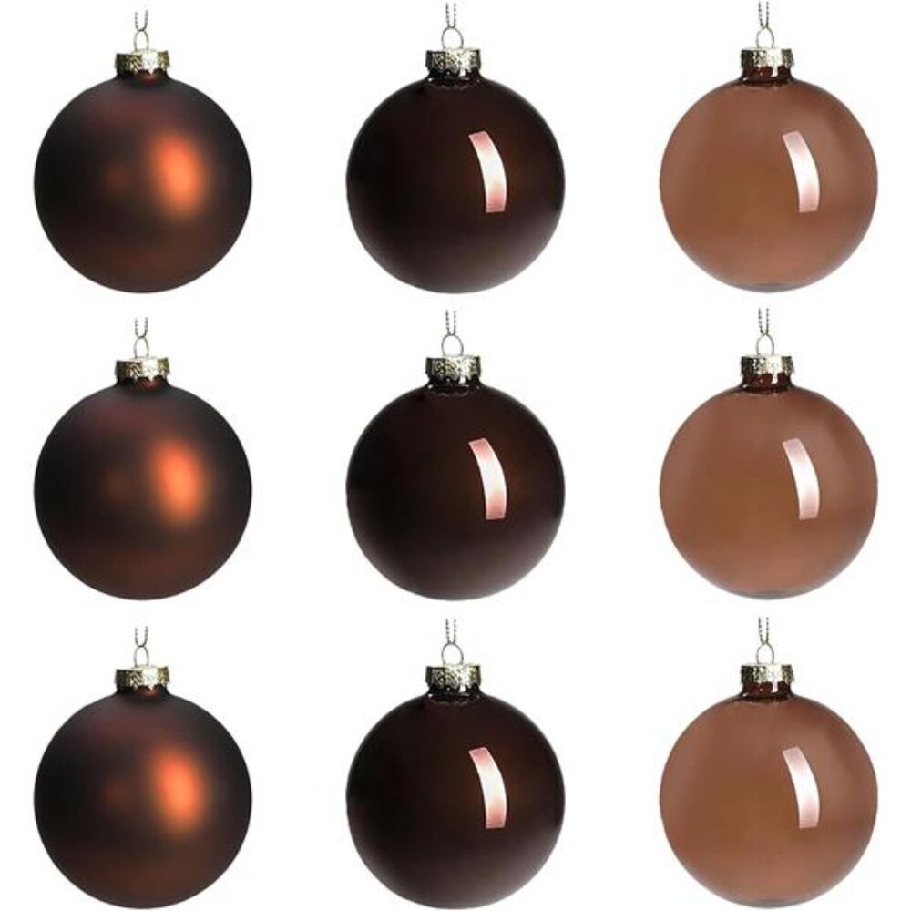 Brown Glass Christmas Ball Ornaments, Set of 9, 3' Hanging Christmas Baubles